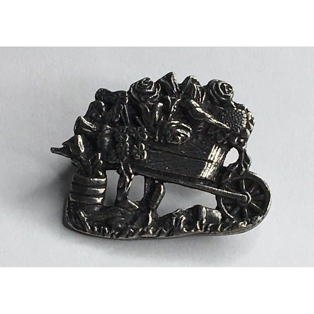 Birds & Blooms Brooch‎ Pin Pewter Flower Wheelbarrow Granny Cottage Fairycore